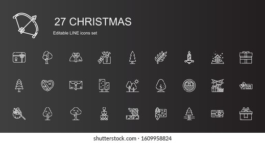 christmas icons set. Collection of christmas with pine tree, wrapping, gifts, champagne, tree, gift, pine, candle, branch, voucher, snowing. Editable and scalable christmas icons.