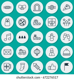 Christmas Icons Set. Collection Of Pizza Meal, Firework, Present Pouch And Other Elements. Also Includes Symbols Such As Gift, Sock, Xmas.