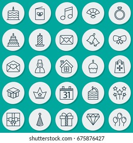 Christmas Icons Set. Collection Of Ringer, Open Cardboard, Celebration Card And Other Elements. Also Includes Symbols Such As Calendar, Air, Box.