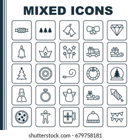 Christmas Icons Set. Collection Of Snow Person, Wedding Jewel, Brilliant And Other Elements. Also Includes Symbols Such As Pizzeria, Hoop, Cookie.