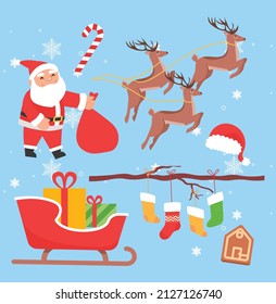 Christmas icons set. Collection of stickers with characters for New Year. Winter holidays, traditions, social media and website design. Cartoon flat vector illustrations isolated on blue background