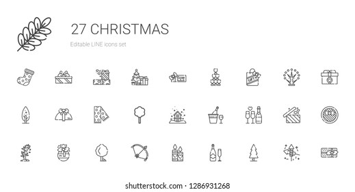 christmas icons set. Collection of christmas with tree, champagne, candles, bow, gift, snowing, scarf, voucher, gifts, fireworks, christmas tree. Editable and scalable icons.