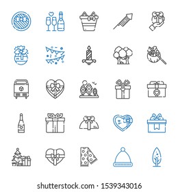 christmas icons set. Collection of christmas with tree, winter hat, scarf, gift, christmas tree, champagne, ice, forest, candle, garlands. Editable and scalable icons.