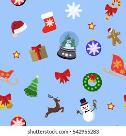 Christmas icons set. Colletction of colorful X-mas illustrations. Christmas tree, New Year decoration items, presents, socks. Flat vector stock illustration. Seamless background pattern