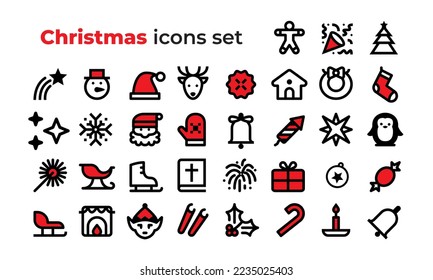 christmas icons set color red with snowflakes, hats, stars, christmas trees, balls,stockings, gifts, drinks and wreaths. Vector icon for business and leisure eps8