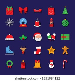 christmas icons set colorful with gift santa tree bell reindeer ice skates . vector illustration