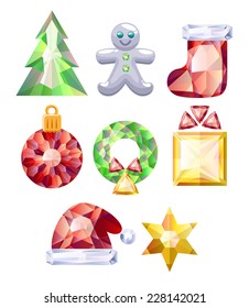 Christmas Icons Set. Colorful Jewels. Holiday Symbols.