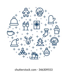 Christmas Icons Set composed in circle with falling snow