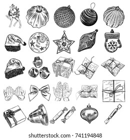 Christmas icons set with decorations, deer, Santa Claus hat, mitten, jingle bell, plants, scissors, wrap boxes with bows, glove, candy.  Holiday hand drawn sketch collection  DIY designs. Vector.
