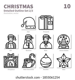Christmas icons set, Detailed Outline, vector and illustration set 2