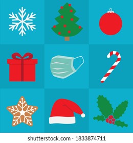 christmas icons set with face mask, christmas celebration during coronavirus pandemic, protective measures- vector illustration
