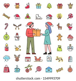 Christmas icons set in flat style vector. People exchanging gifts on winter holidays. Man and woman surrounded by baubles and candies, snowman and santa hat. Bell and presents, stars and note