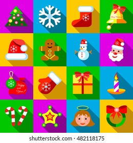 Christmas icons set in flat style. Xmas elements set collection vector illustration