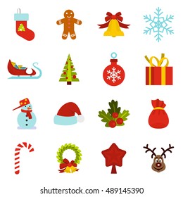 Christmas icons set in flat style. Xmas elements set collection vector illustration