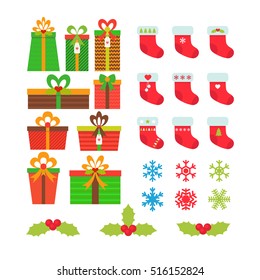 Christmas icons set. Gift boxes, snowflakes, holly berries, Christmas stockings. New Year's symbols. Vector illustration