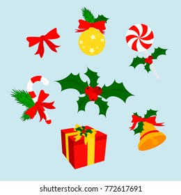 Christmas icons set. gift boxes, candy canes, Christmas balls