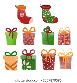 Christmas icons. Set of gifts and Santa socks