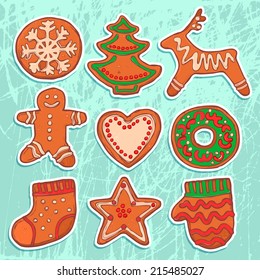 christmas icons set with gingerbread, new year cookies