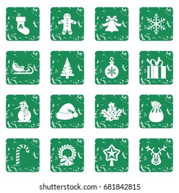 Christmas icons set in grunge style green isolated vector illustration