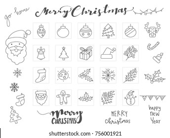 Christmas icons set with Hand drawn font and winter element vector illustration.