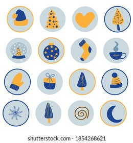 Christmas icons set hat, mittens, tree, snowflake, ball, gloves. Design element for flyer, poster or sticker, instagram stores. Vector illustration in a flat style.