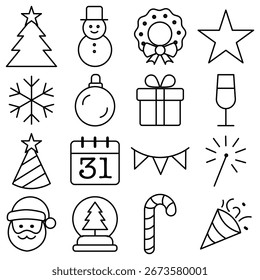 Ícones de Natal definidos. Coleção de elementos de feriado. Um esboço mínimo simples. EPS 10.