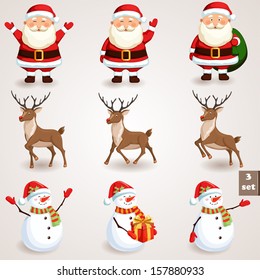 Christmas icons set. Holiday moving characters collection. Vector illustration