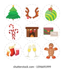 Christmas icons set. Holiday objects collection illustration: gift, christmas tree ball, christmas fireplace, gingerbread man, candy cane. 