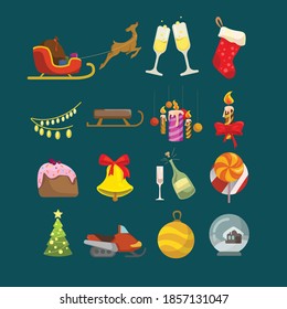 Christmas icons set. Holiday objects collection illustration: santa, wreath, north pole, snowman, gift, christmas tree, santa hat, bag, reindeer, mistletoe, holly, toy, bell