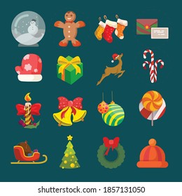 Christmas icons set. Holiday objects collection illustration: santa, wreath, north pole, snowman, gift, christmas tree, santa hat, bag, reindeer, mistletoe, holly, toy, bell