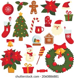 Christmas icons set. Holiday objects collection illustration: Santa, wreath, snowman, gift, Christmas tree, Santa hat, reindeer, mistletoe, holly, toy, bell