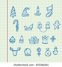 Christmas icons set. Holiday objects collection. Hand drawn vector stock illustration. Sheet ball pen drawing.