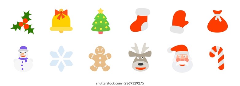 Juego De Iconos De Navidad. Holly, Christmas Bell, decorado el Árbol de Navidad, Santa Claus Sock y Mitten, Bolsa de Regalos, Hombre de Nieve, Copo de Nieve, Cabeza de ciervo, Cabeza de Santa Claus, Hombre de Gingerbread, Candy Cane. Iconos vectores