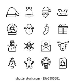 Christmas icons set include of snow globe, card, hat, letter, reindeer, christmas tree, bell, santa claus, snow flake, sleigh, wreath, gift, snowman, cookie and sock. Isolate on white background.