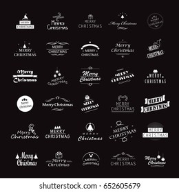 Christmas icons set isolated on black background. Xmas hand drawn retro style symbols 2018, creative concept for greeting card, app, poster, badge and postcard. Also useful for seal, banner and logo