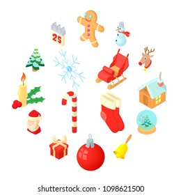 Christmas icons set in isometric 3d style. Holiday elements set collection vector illustration