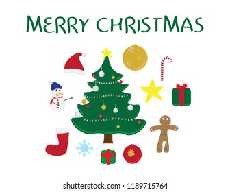 Christmas icons set and Merry Christmas greeting on white background