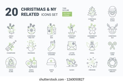 Christmas icons set. Modern New Year set of elements related to Christmas and New Year celebration, contains such as christmas tree, elk, Santa Claus, gift box, xmas tree toy, jingle bell, angel