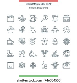 Christmas icons set. Modern thin line icons on theme new year and christmas.