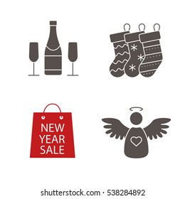 Christmas icons set. New Year silhouette symbols. Xmas gift socks, champagne bottle and glasses, shopping bag, angel. Vector isolated illustration