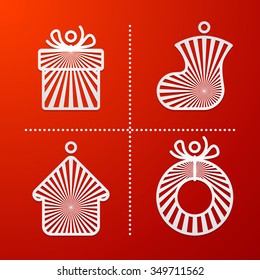 Christmas icons set. New Year's decorations set. Vector Illustration. Modern linear style. White icons on a red background.