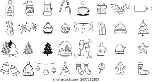 Christmas Icons set on white background. Black outline. Isolated items. Vector illustration. Use for promotion and social media.