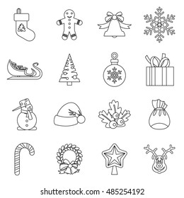 Christmas icons set in outlline style. Xmas elements set collection vector illustration