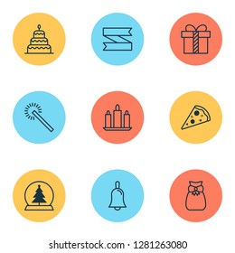 Christmas icons set with pizza slice, glass toy, present and other wax elements. Isolated vector illustration christmas icons.