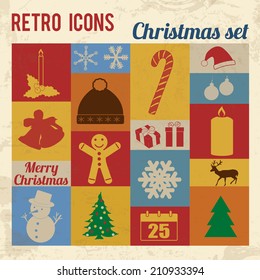 Christmas icons set. Retro signs with grunge effect, vector illustration