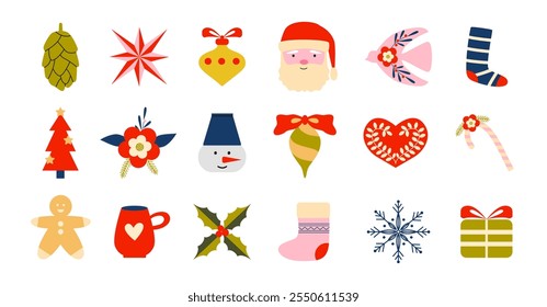 Christmas icons set. Retro vintage New Year elements. Winter festive holidays. Vector isolated on white.