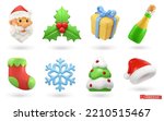 Christmas icons set. Santa Claus, holly, gift box, bottle, sock, snowflake, christmas tree, santa hat. 3d vector objects