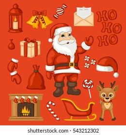 Christmas icons set. Santa Claus, reindeer, a burning fireplace, bells, and other holiday symbols.