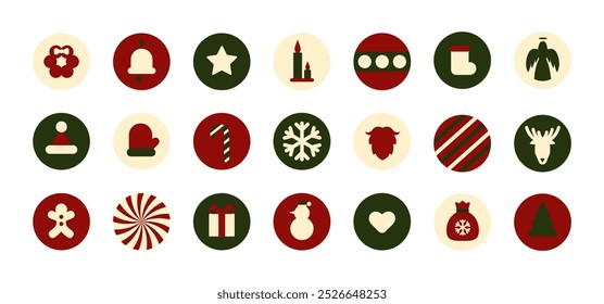 Christmas icons set. Santa's beard, Christmas tree, Christmas stocking, Balls, Snowflake, Gingerbread, Angel, Snowman, wreath. Elements of the Holiday, New Year. Isolated Vector illustration