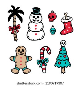 CHRISTMAS ICONS SET SCARY CARTOON COLOR WHITE BACKGROUND